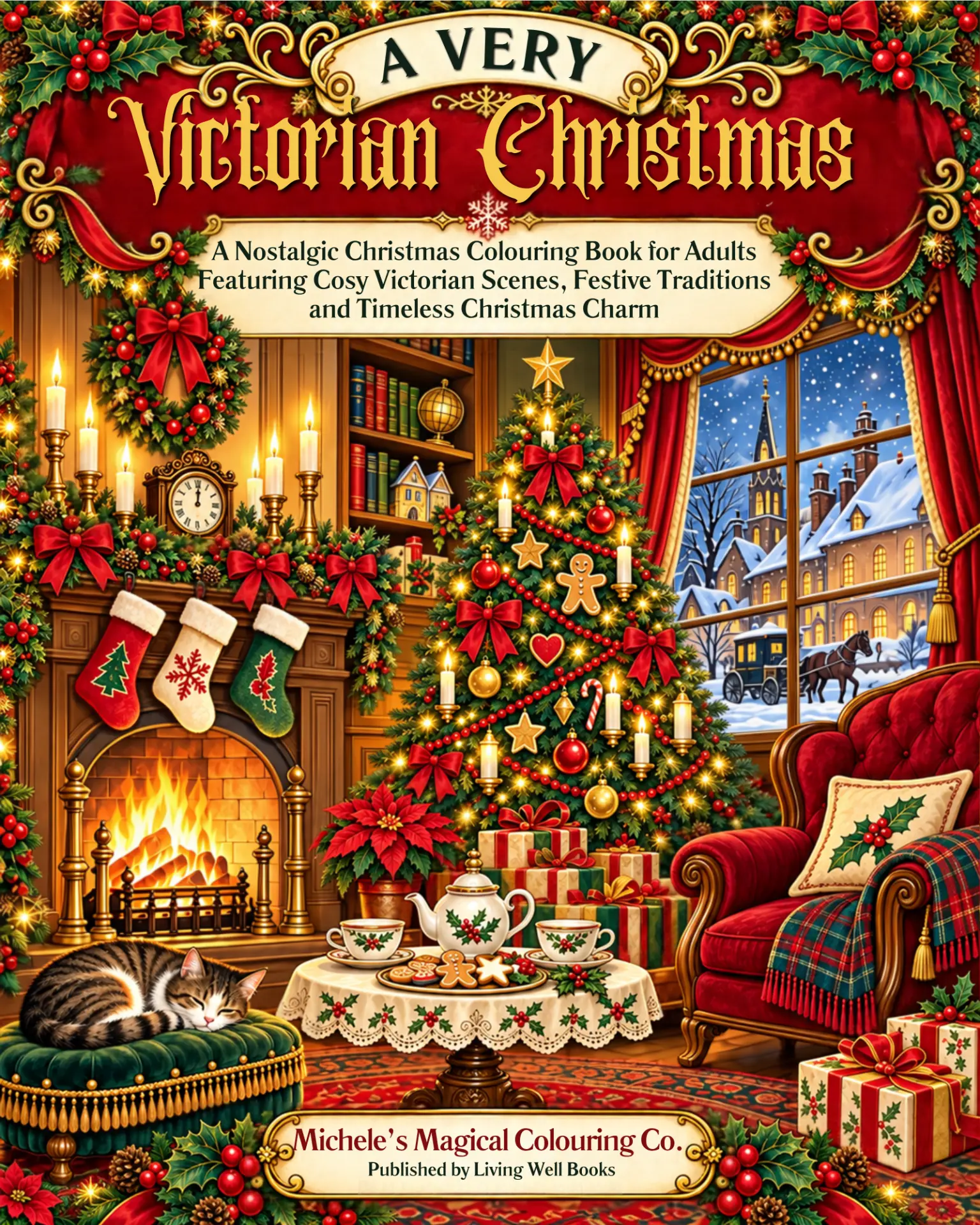 A Very Victorian Christmas — nostalgic Victorian Christmas colouring book cover showing a cosy parlour with a fireplace, a candle-lit tree and a snowy street beyond the window