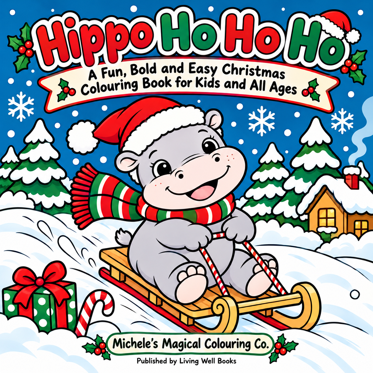 Hippo Ho Ho Ho — a Fun, Bold and Easy Christmas Colouring Book for Kids and All Ages, cover showing a smiling baby hippo on a sled in the snow
