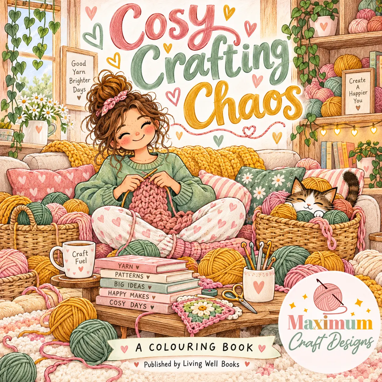 Cosy Crafting Chaos — A Colouring Book, cover showing a smiling young woman knitting on a sofa in a sunlit craft room surrounded by baskets of yarn, with a sleeping kitten
