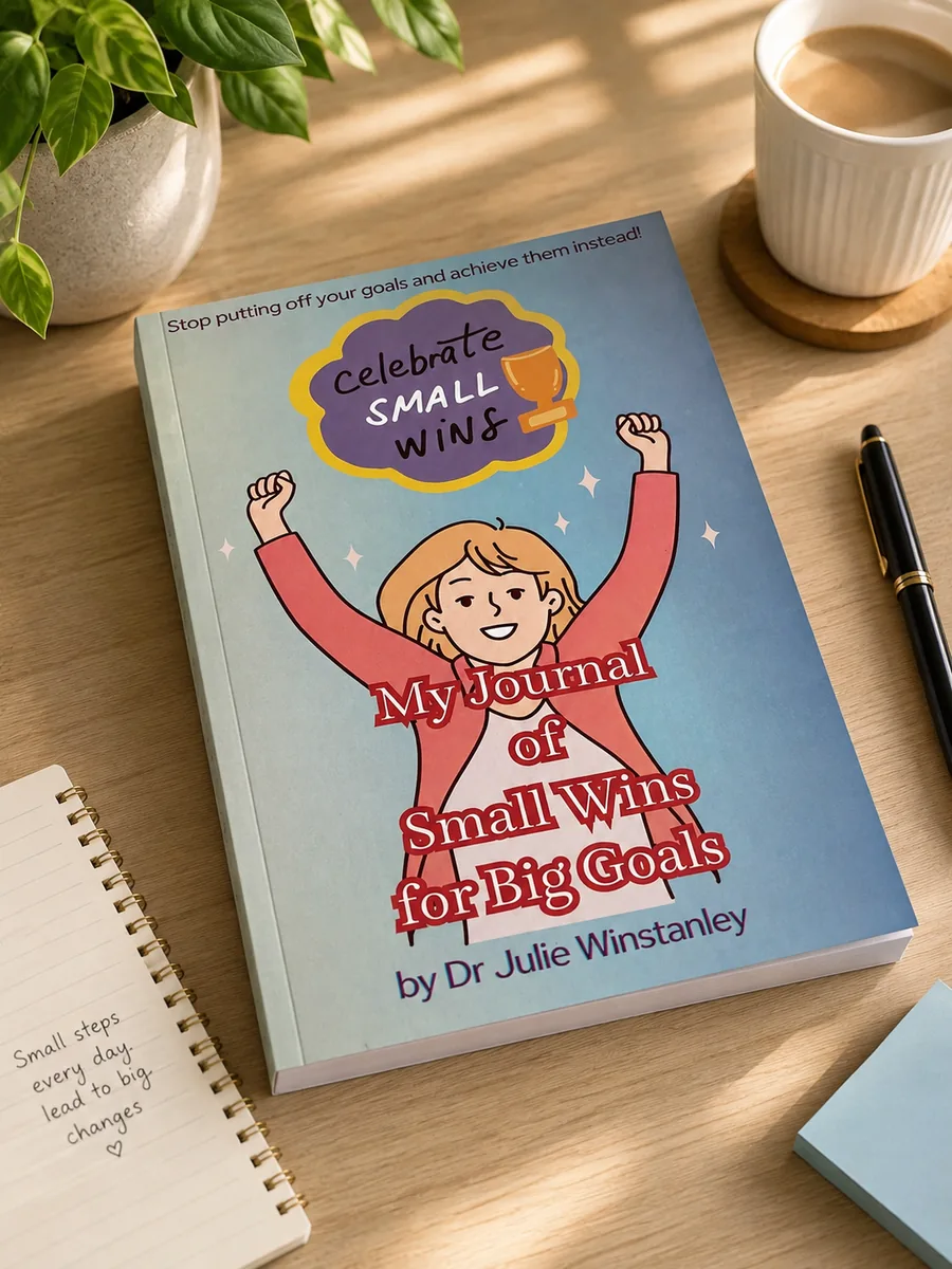My Journal of Small Wins for Big Goals — journal cover by Dr Julie Winstanley